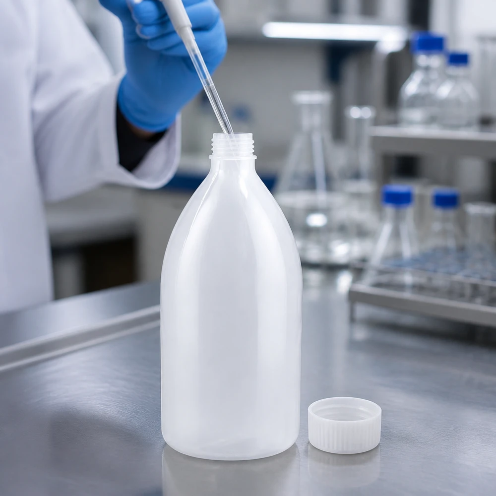 Een laboratoriummedewerker vult een laboratoriumfles van 1000 ml met smalle hals, schroefdraad en een losse dop