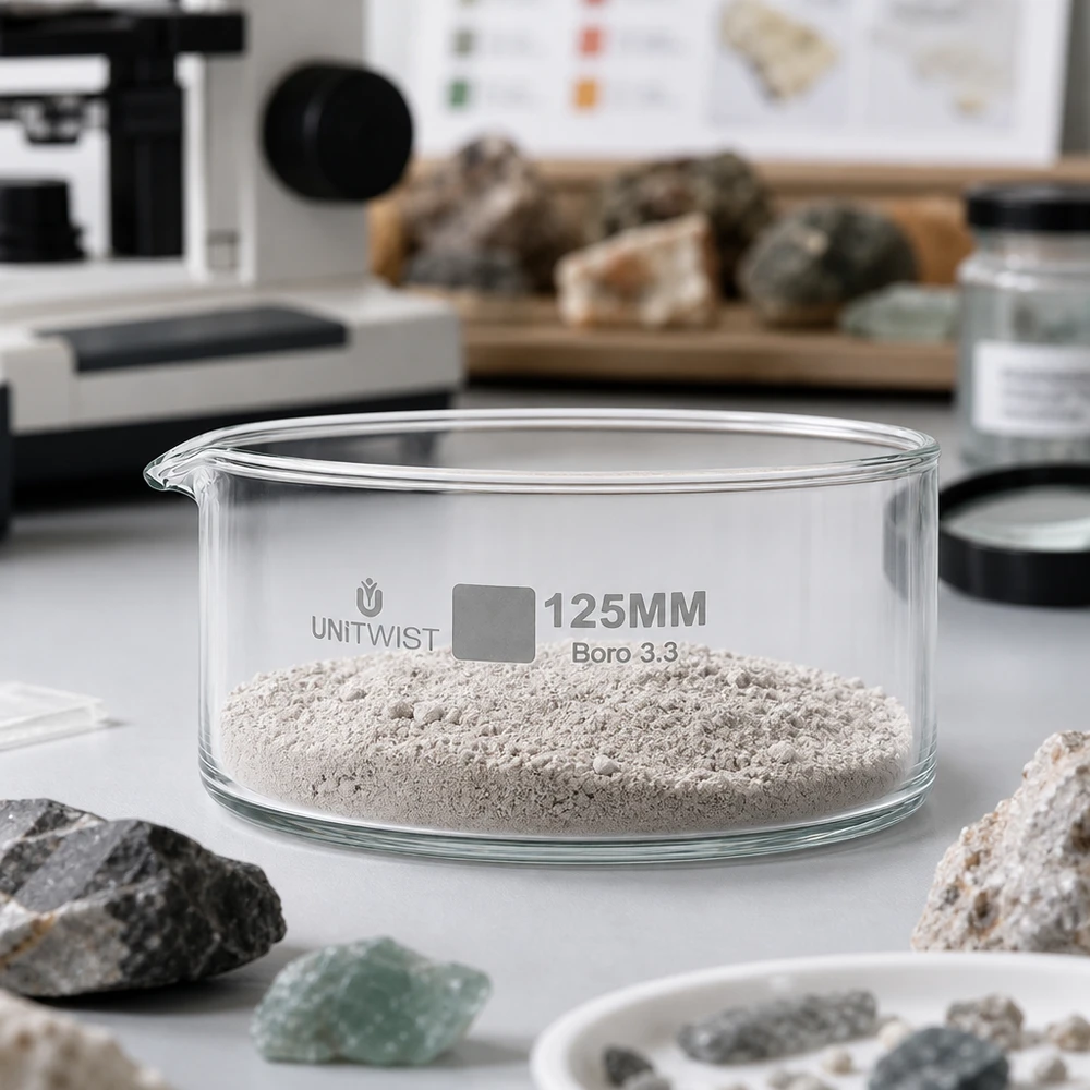 Kristalliseer schaal ø125mm borosilicaatglas UNiTWIST Kristallisatieschaal ø125 mm UNiTWIST Boro 3.3, helder glas, gevuld met fijn sedimentpoeder
