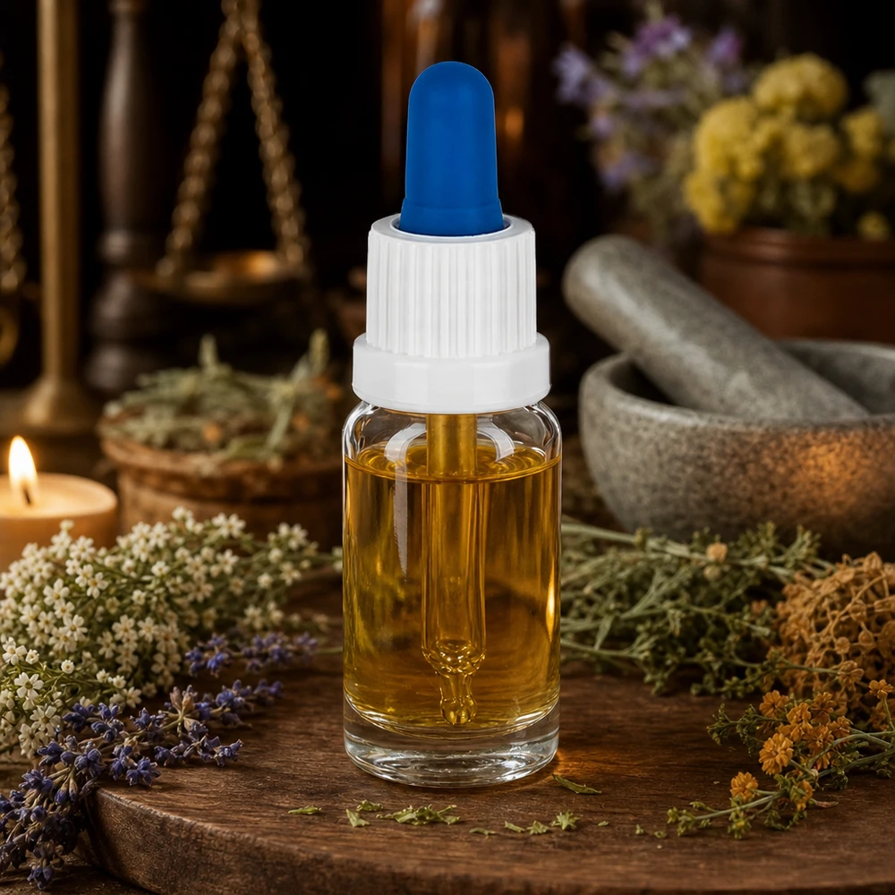 Aromatherapie-pipetflesje van 10 ml met kruiden, vijzel en weegschaal in apothekersstijl