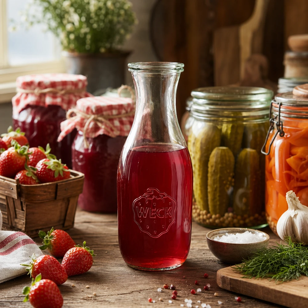 WECK sapfles 1062ml gevuld met rode aardbeiensap omringd door verse aardbeien en inmaakpotten in keuken