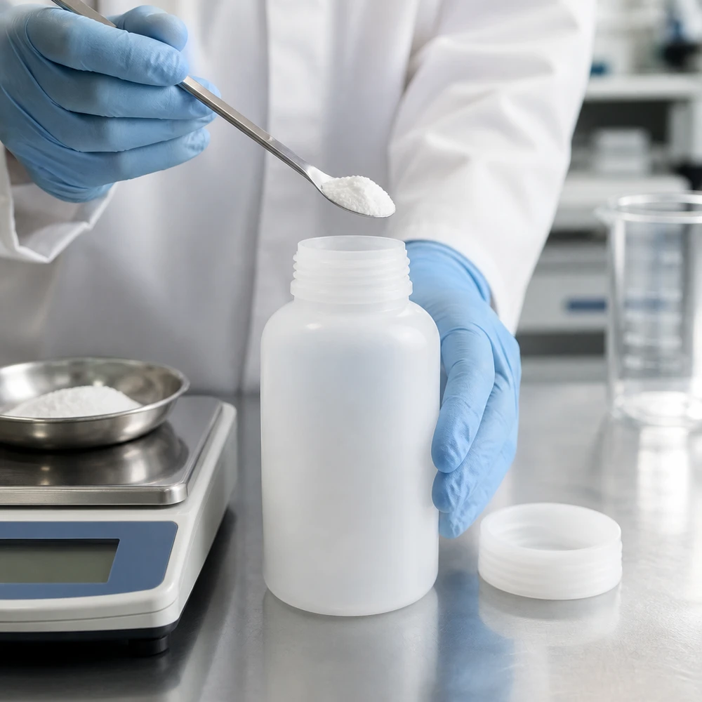 Laboratoriumfles van 500 ml met brede hals en verwijderde schroefdop tijdens het gecontroleerde vulproces
