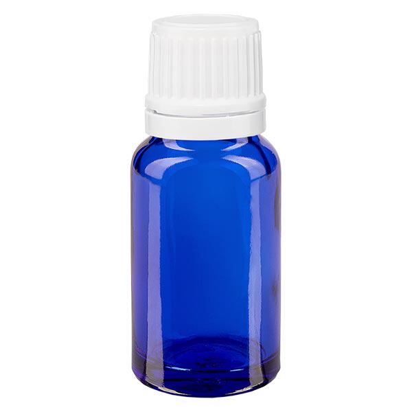 Blauwe glazen flessen 10ml met wit 1.2mm druppelstop OV Blauwe glazen flessen 10ml met wit 1.2mm druppelstop OV