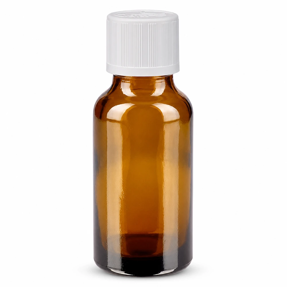 Bruine glazen fles 20ml met wit schroefsluiting kinderslot St Medische bruine glazen fles van 20 ml met UV-bescherming en een witte kindveilige dop