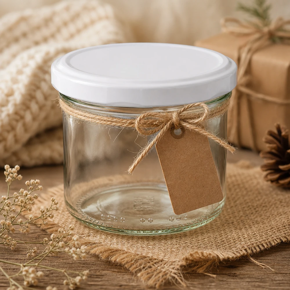 230 ml cilinderpot met wit BioSeal deksel en kadotag in een rustiek decor met jute en dennenappels