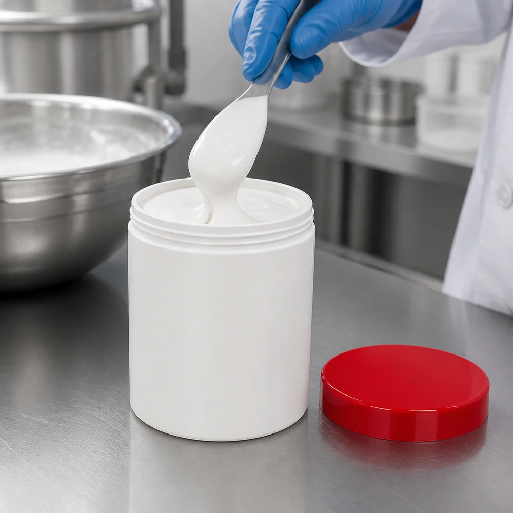 Zalfpot 300 g wit met rood schroefdeksel (PP) Voedselveilige PP-pot van 300 g, wit met rode dop, voor zalven en crèmes
