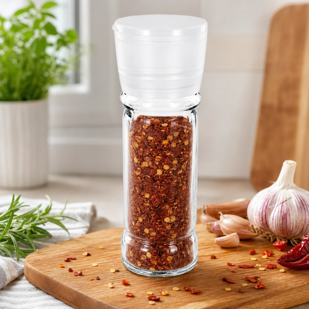Cilindrische kruidenpot van 100 ml met wit maalwerk voor chilivlokken en peperoni