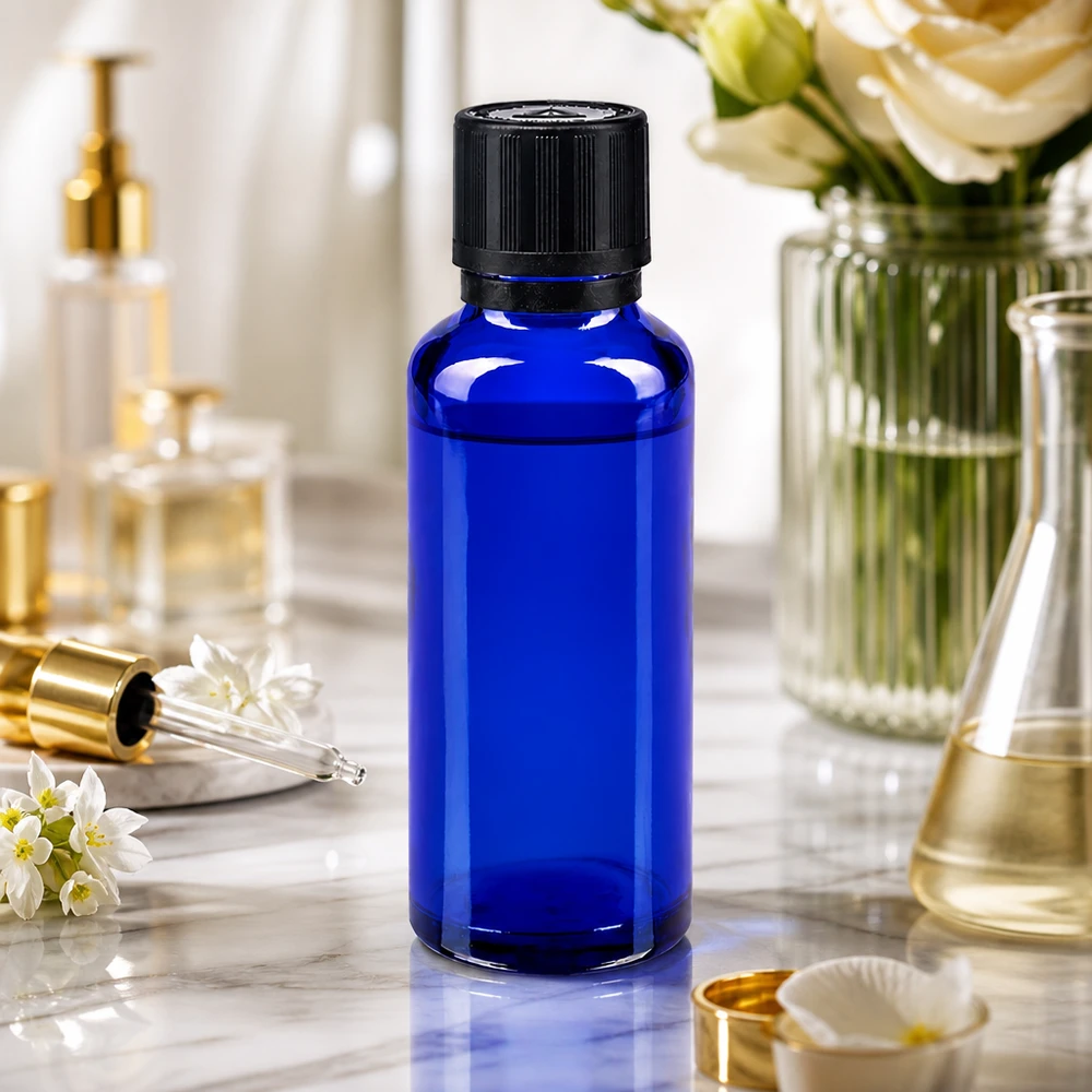 Blauwe glazen flessen 30ml met zwart druppelsluiting kinderslot Bliw VR Slanke blauwe glazen fles van 30 ml met een zwarte OV-dop, tussen rozen en laboratoriumapparatuur