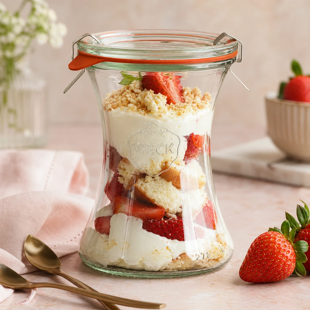 WECK delicatessenpot 370ml met aardbeien dessert gelaagd dessert yoghurt kruimels roze ambiance dessert in een potje