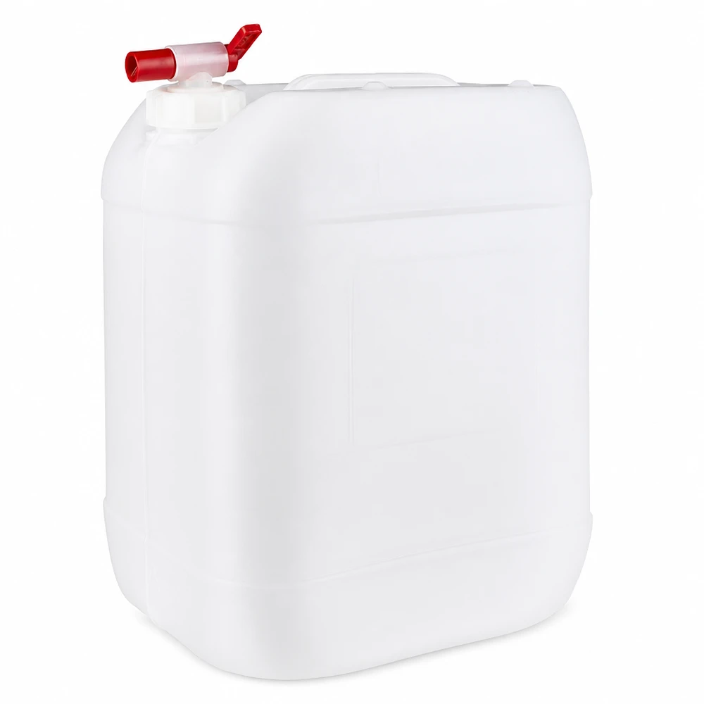 Stevige, platte jerrycan van 20 liter met een rode afsluitkraan, gemaakt van wit kunststof