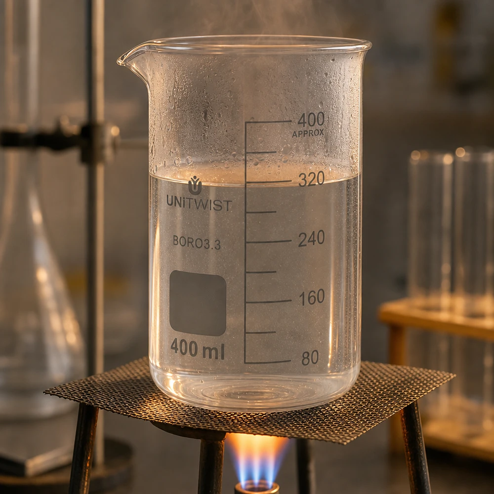 Chemielaboratoriumbekerglas 400 ml, hoge cilindrische vorm met uitgietmond, op een draadrooster en een driepoot
