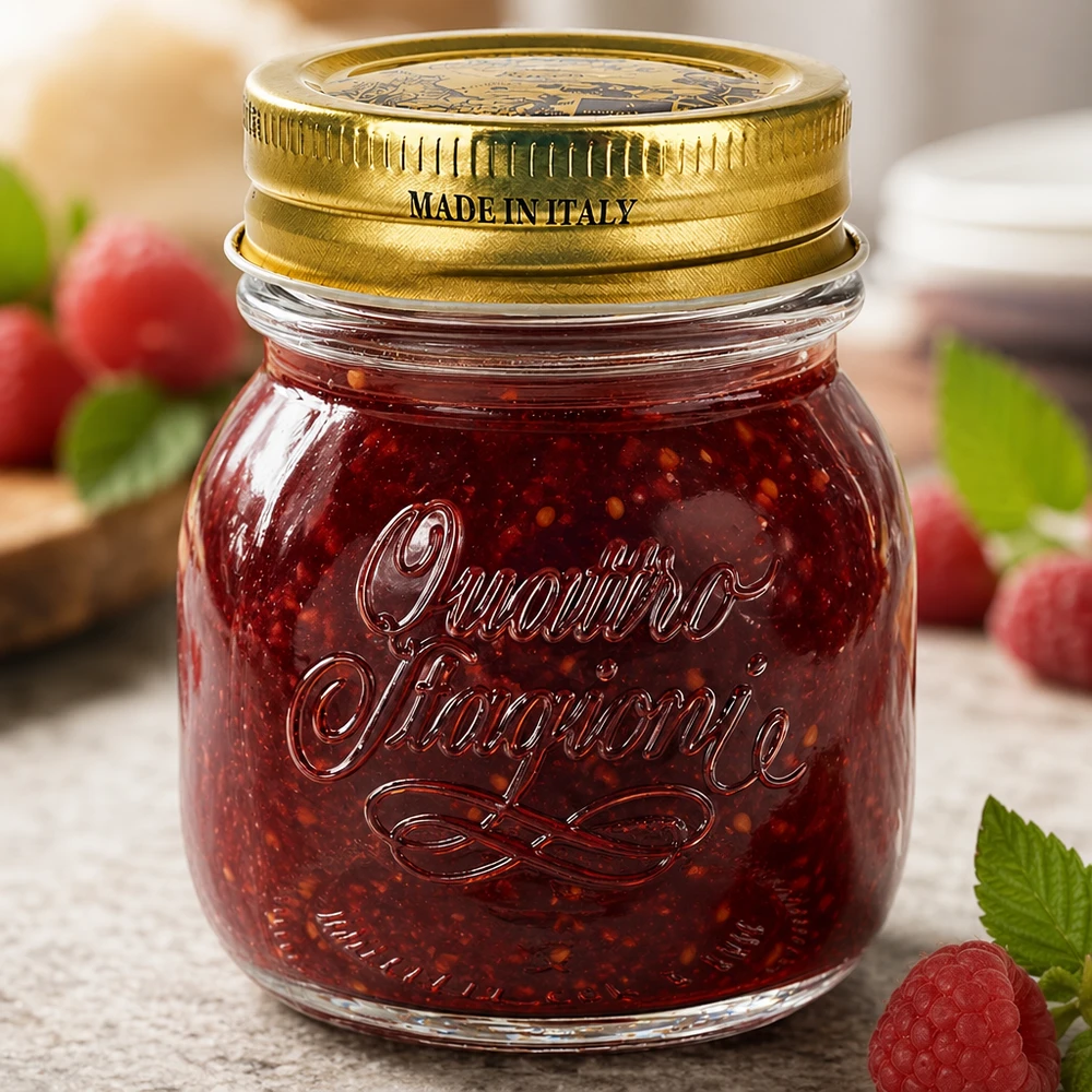 150 ml ronde pot Quattro Stagioni met gouden deksel Gemaakt in Italië gevuld met rode jam en verse bessen
