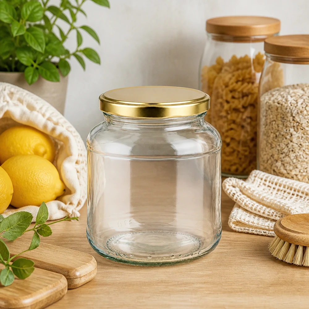 370 ml ovale pot leeg met gouden BasicSeal deksel UNiTWIST in een natuurlijke keukenomgeving met citroenen en kruiden