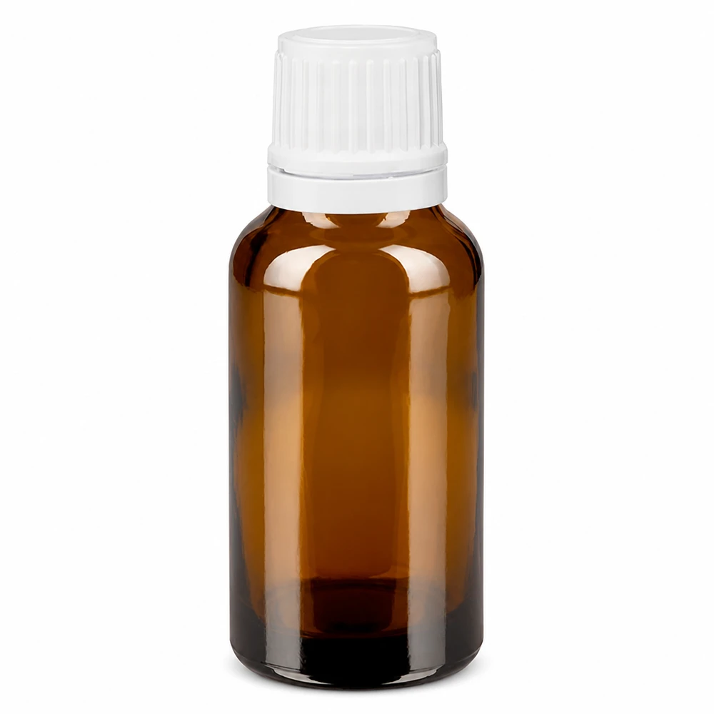 Bruine glazen fles 20ml met wit druppelsluiting 1.2mm VR Zonwerende druppelfles van bruin glas, 20 ml, met witte schroefdop en druppelaar, ApoGlas