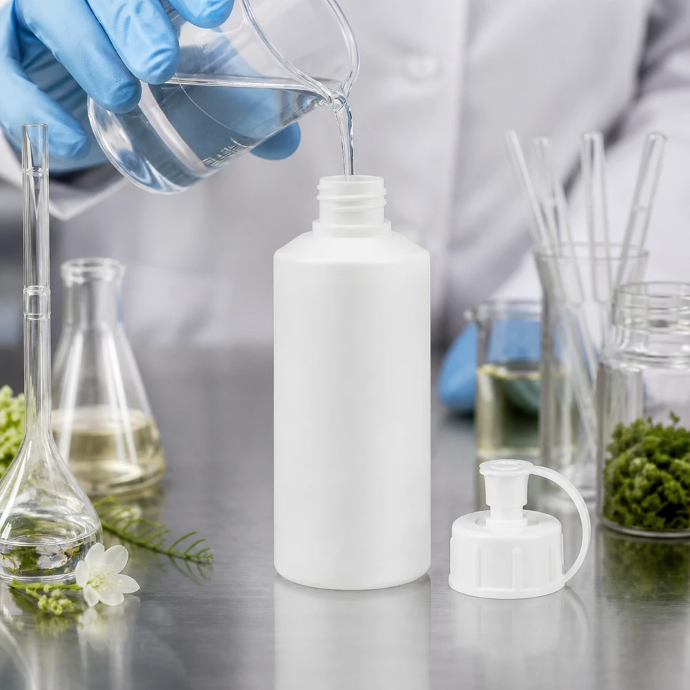 Vullen van natuurlijke cosmetica in een witte HDPE-apothekersfles van 30 ml met spuitdop in een laboratoriumomgeving