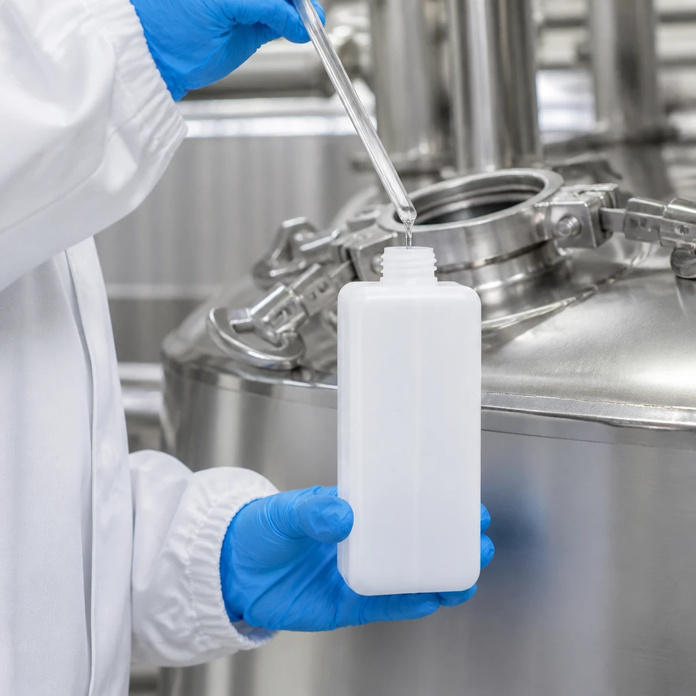 Chemicaliefles 1000 ml met smalle hals GL 32 van PE-HD voor het verzamelen van vloeibare monsters uit een roestvrijstalen tank