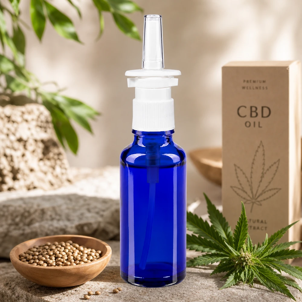 Stevige neussprayfles van 30 ml, gemaakt van blauw veiligheidsglas, met een tweedelig sproeikopsysteem