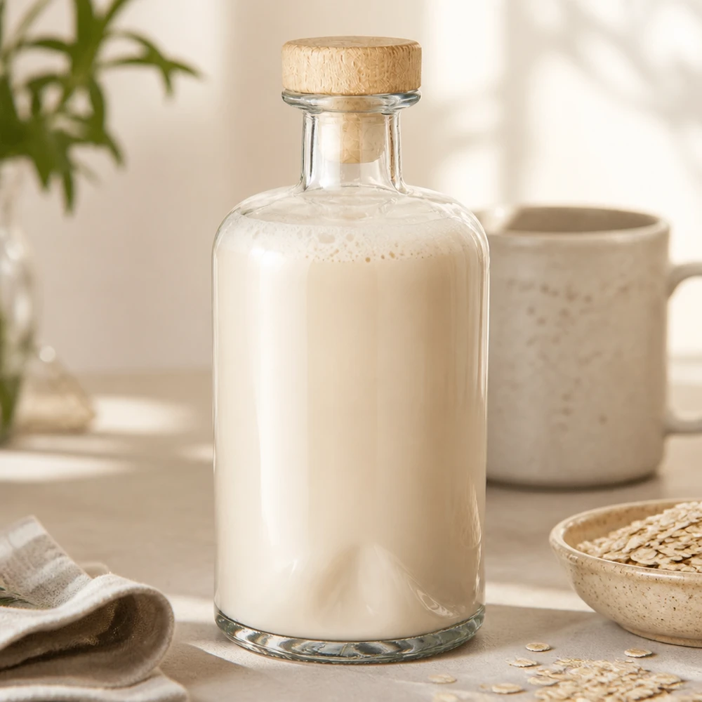 500 ml apothekersfles Sofia met houten handgreep en kurk UNiTWIST® 500ml Glasflasche Sofia mit Milch befüllt in natürlicher Küchenszene mit Haferflocken und cremefarbener Keramik