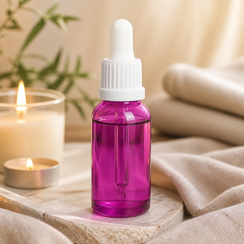Hoogwaardige 20ml glazen fles met pipet in paars voor doe-het-zelf cosmetica