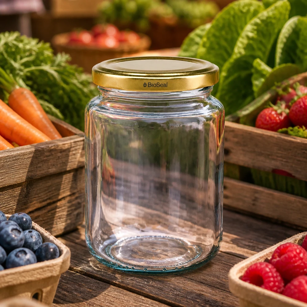 382ml rond glas met BioSeal deksel goud UNiTWIST UNiTWIST Runda382 inmaakpot op houten tafel met vers fruit en groenten, gouden TO66 BioSeal deksel, landelijke keuken