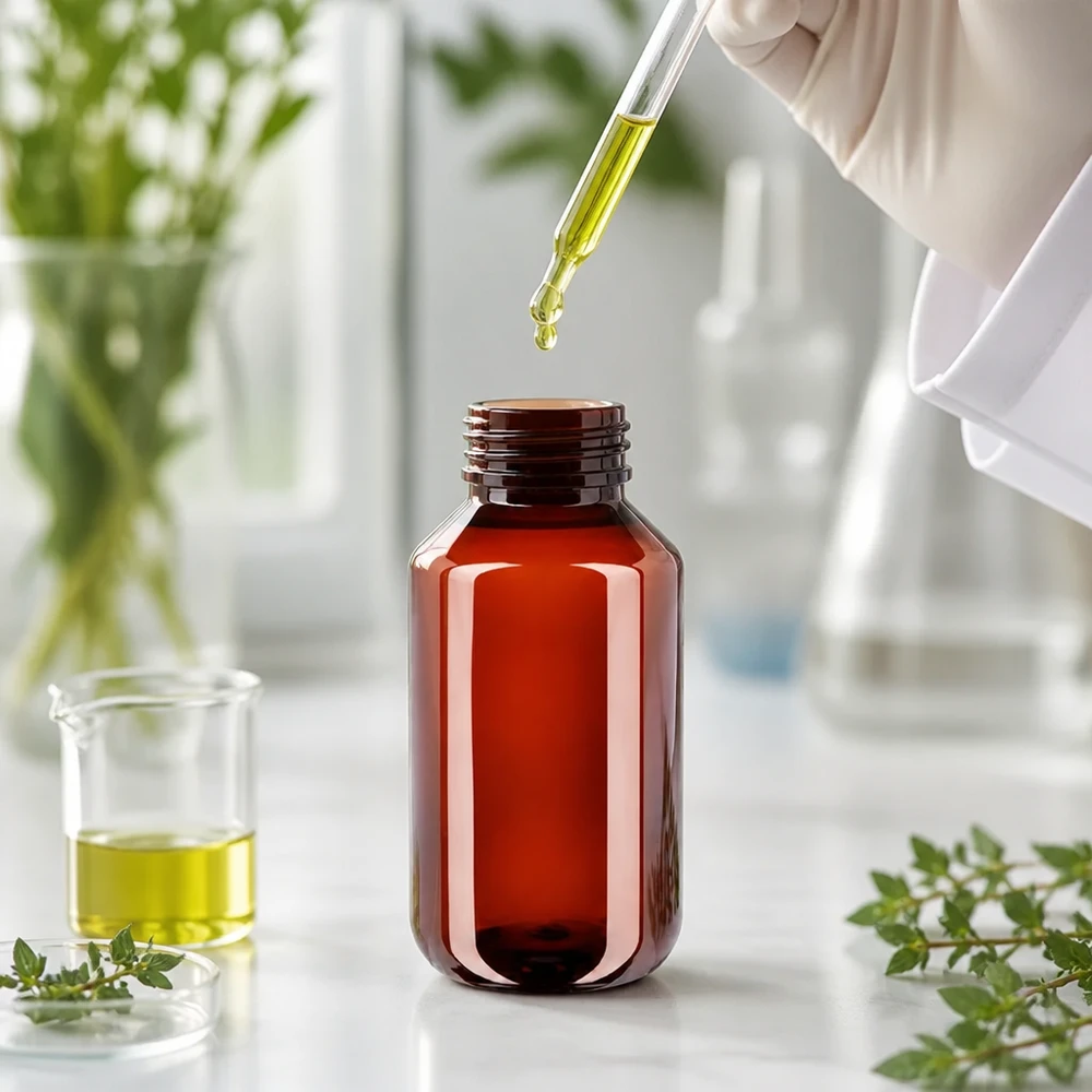 Kleine amberkleurige apothekersfles van 100 ml, gemaakt van PET, met originaliteitssluiting