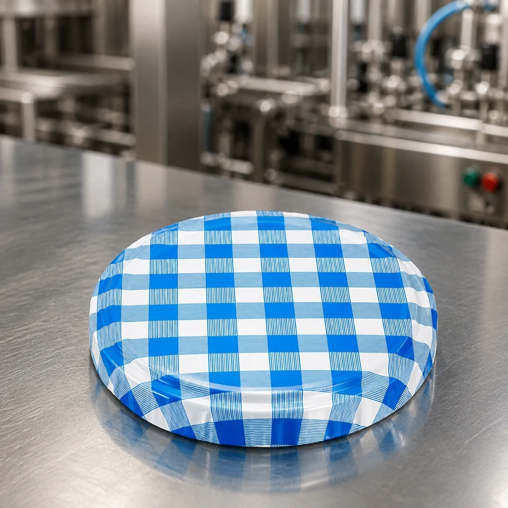 82 mm BasicSeal-inmaakdeksel, geruit, blauw-wit, vacuümdicht, op de productietafel