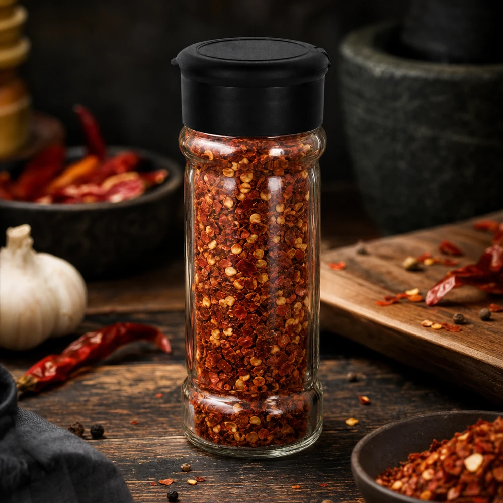 Compacte glazen kruidenpot van 100 ml met een zwarte deksel, gevuld met scherpe kruiden