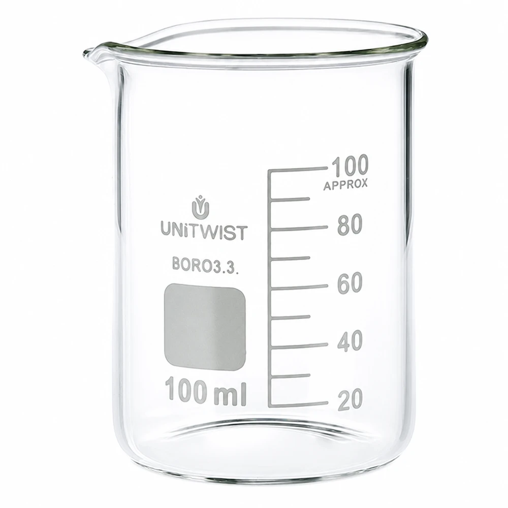Cilindrisch bekerglas van 100 ml, borosilicaatglas, lage vorm met witte schaalverdeling