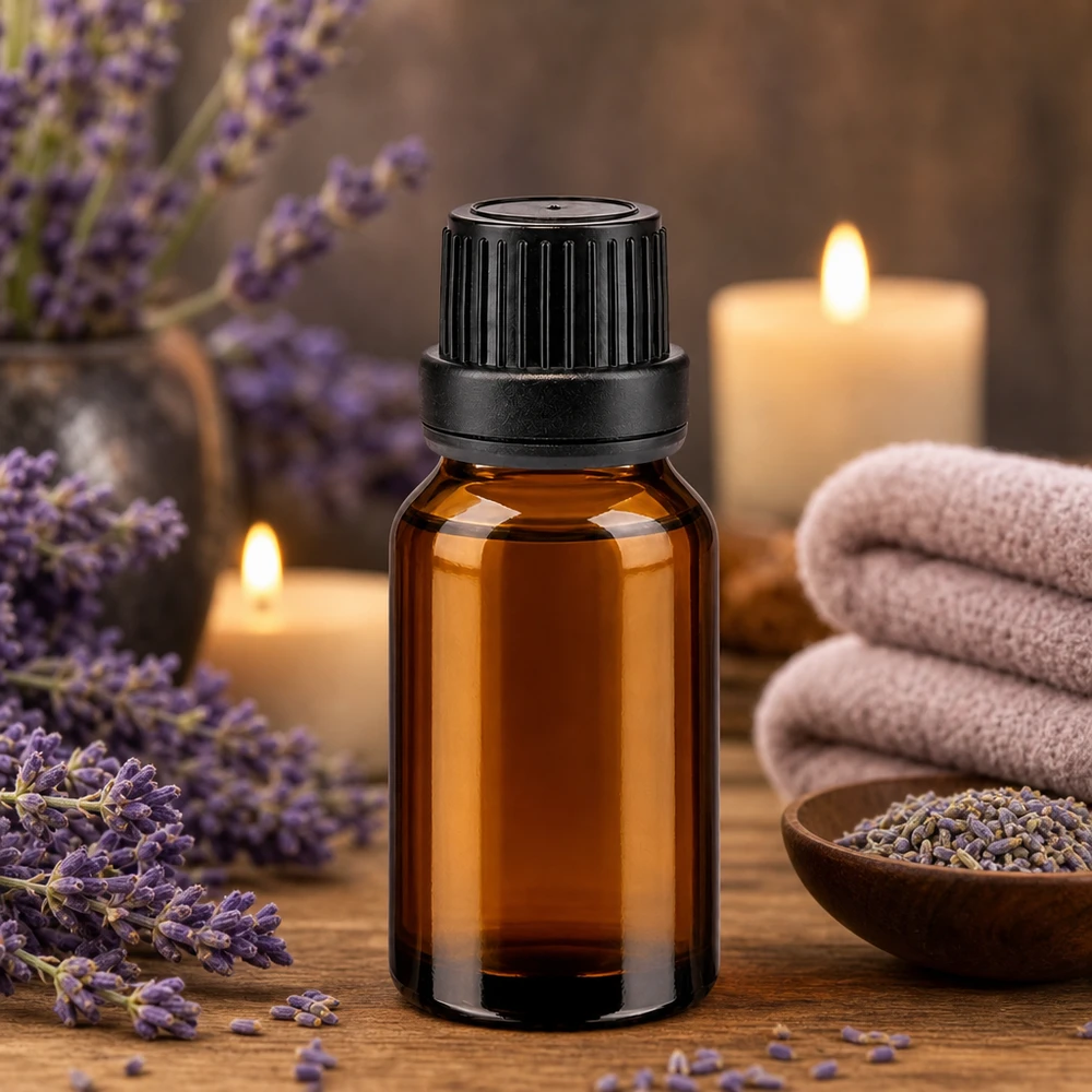Apothekersflesje van bruin glas van 15 ml met OV-afdichting, ideaal voor het bewaren van lavendelolie