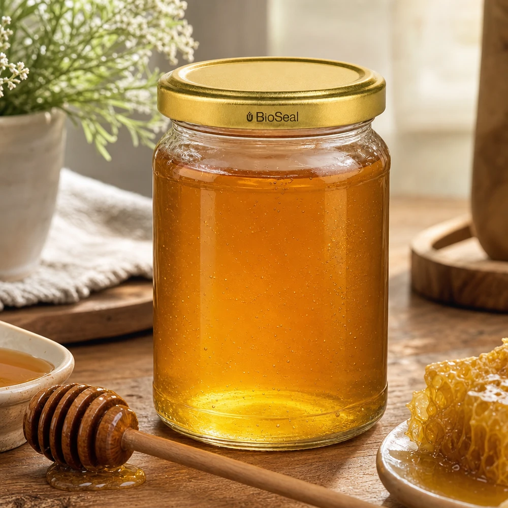 205ml rond glas met BioSeal deksel goud UNiTWIST UNiTWIST Runda205 honingpot gevuld met gouden honing TO58 BioSeal deksel Bijenteeltproduct Natuurlijke honing in een glazen pot