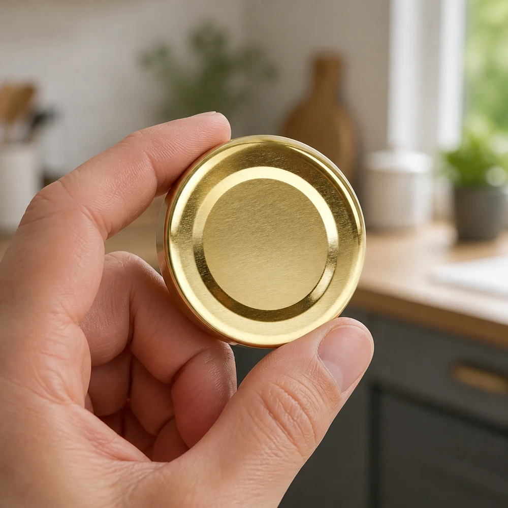 48 mm BasicSeal-deksel goud (TO48) UNiTWIST BasicSeal TO48 deksel goud 48 mm close-up van glanzend metalen oppervlak