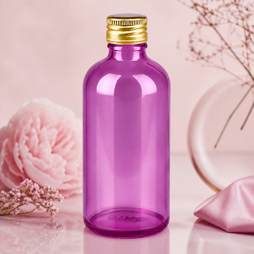 100ml fles 11mm schroefdop aluminium gouden standaard PurpleLine. UT18/100 Handig 100 ml flesje van getint violet glas met stevige dop voor mobiele toepassingen