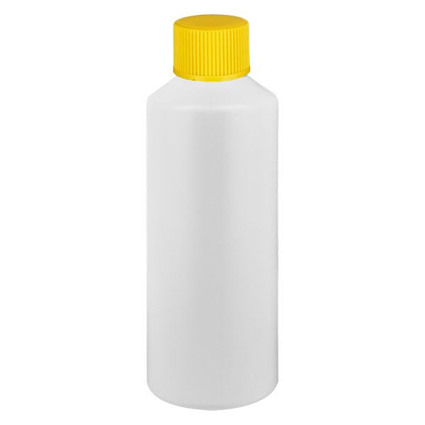 PET cilinderfles 100ml wit met schroefsluiting geel PET cilinderfles 100ml wit met schroefsluiting geel