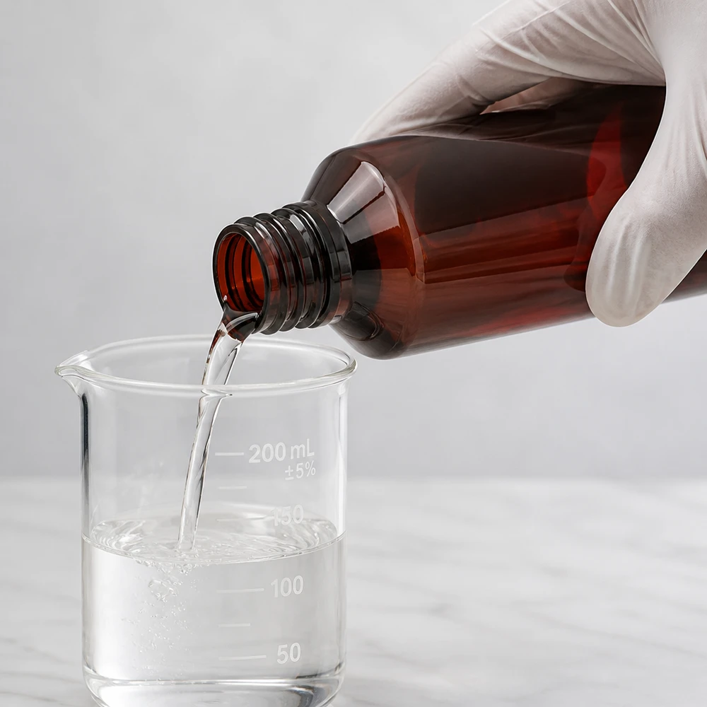 200 ml PET medicijnfles met verstuiver zwart GCMI 28/410 incl. dop transparant, standaard Dosierung von Flüssigkeit aus 200ml bernsteinfarbener PET Flasche in graduiertes Becherglas