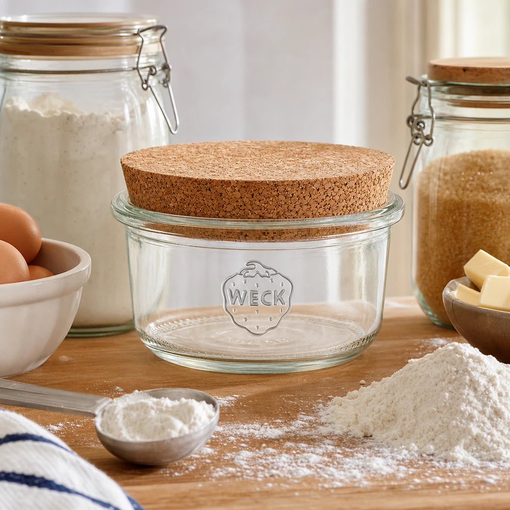 WECK voorraadpot 165ml RR80 kurken deksel keuken baking ingrediënten bloem eieren boter natuurlijke opslag keukenscène