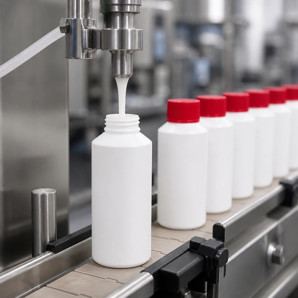 PET cilinderfles 50ml wit met schroefsluiting rood Vulstation voor witte HDPE-kunststof flesjes van 50 ml in de moderne farmaceutische productie