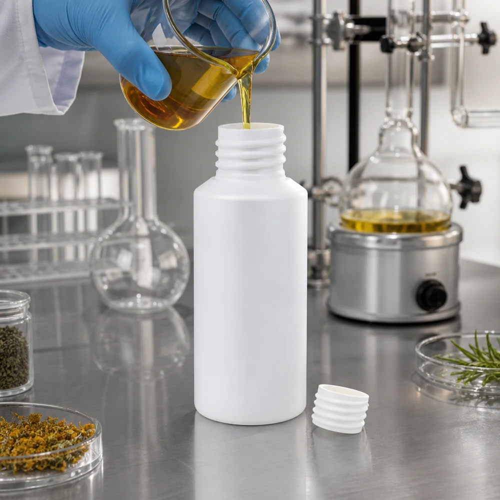 Witte kunststof fles van 30 ml (HDPE) voor natuurlijke cosmetica en aromatherapie in het distillatielaboratorium