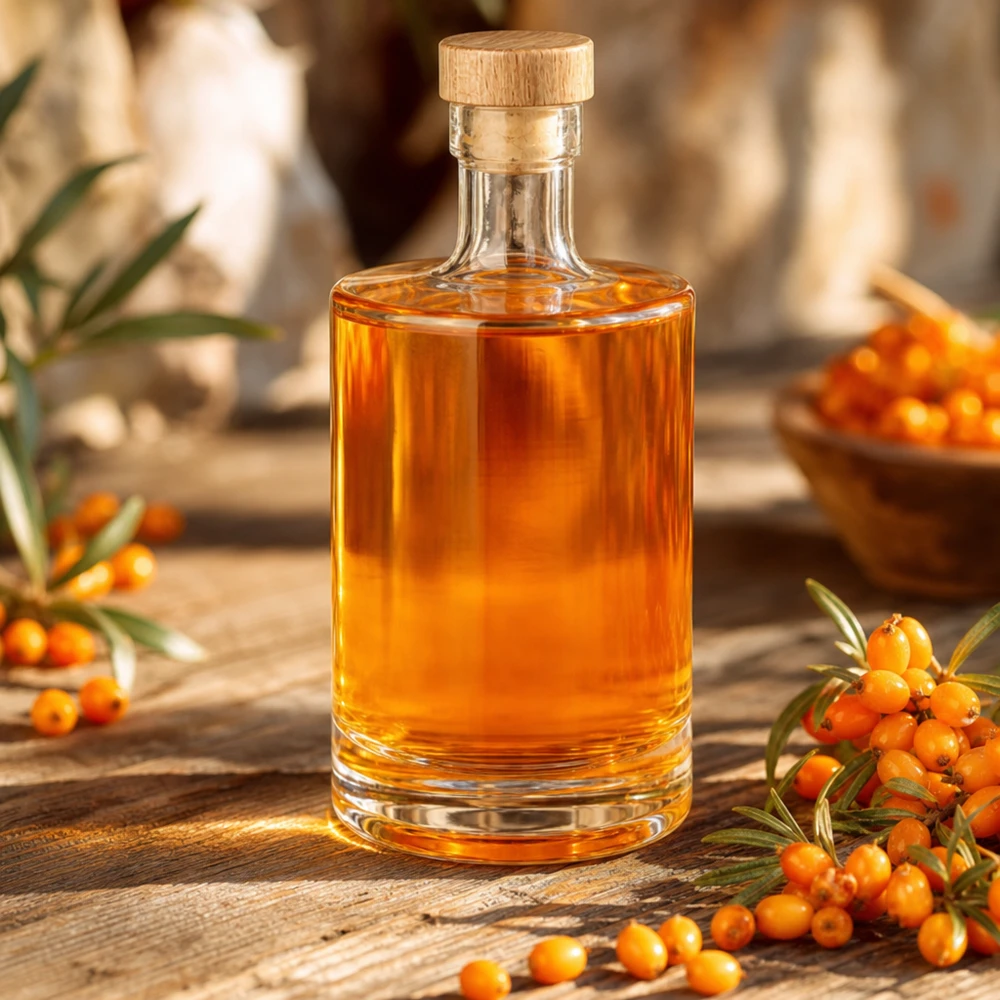 500 ml glazen fles 500ml Glasflasche "Marie" mit Holzgriff-Korken UNiTWIST met houten handgreep UNiTWIST® 500ml glazen fles Marie gevuld met duindoornlikeur - houten kurk UNiTWIST - decoratieve afbeelding met duindoornbessen