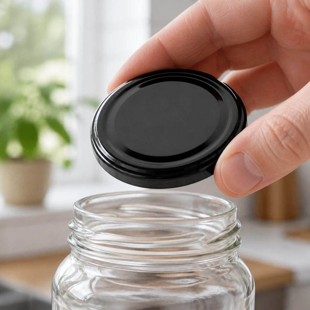 43 mm BasicSeal-deksel, zwart (TO43) UNiTWIST Hand plaatst een klein zwart BasicSeal-deksel (TO43) van 43 mm op een inmaakpot