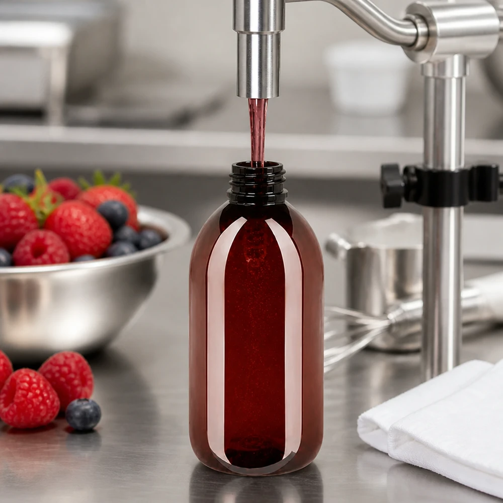 Robuste 250ml PET Flasche mit enger Öffnung beim Befüllvorgang mit rotem Fruchtkonzentrat
