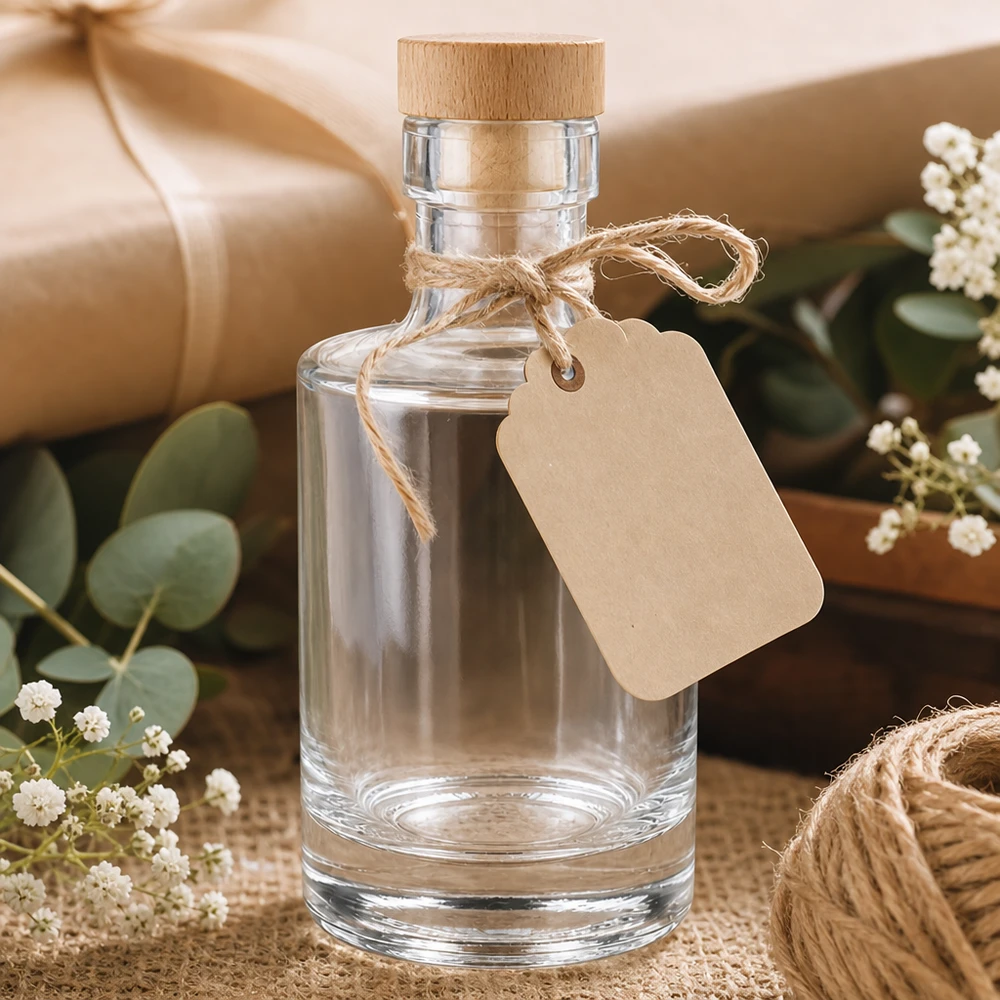 200 ml glazen Marie fles leeg met houten kurk, kraft papieren label, geschenkdoos met eucalyptus en gipskruid