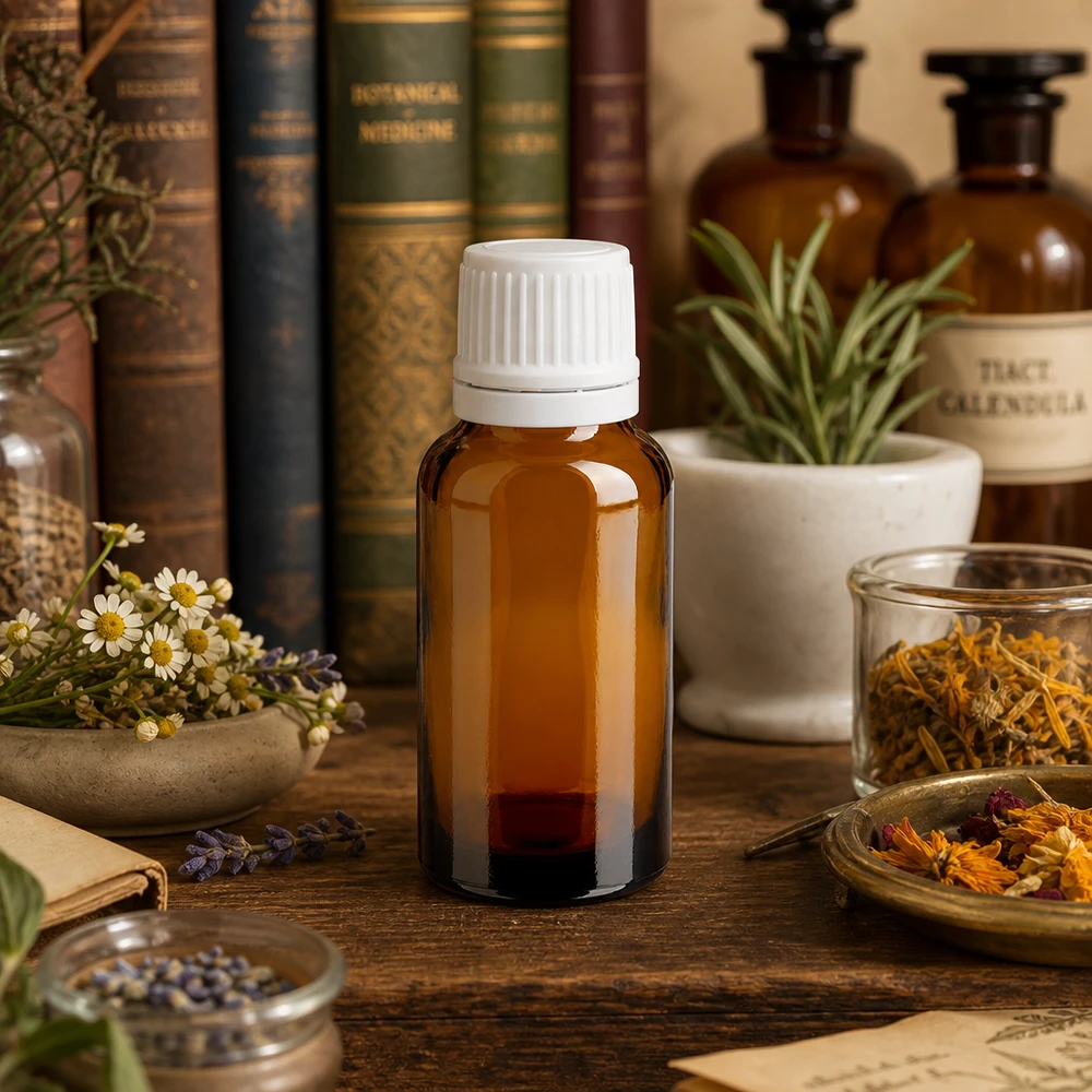 Bruin glazen flesje van 20 ml met witte schroefdop, tussen een vijzel, een rozemarijnplant en kruiden
