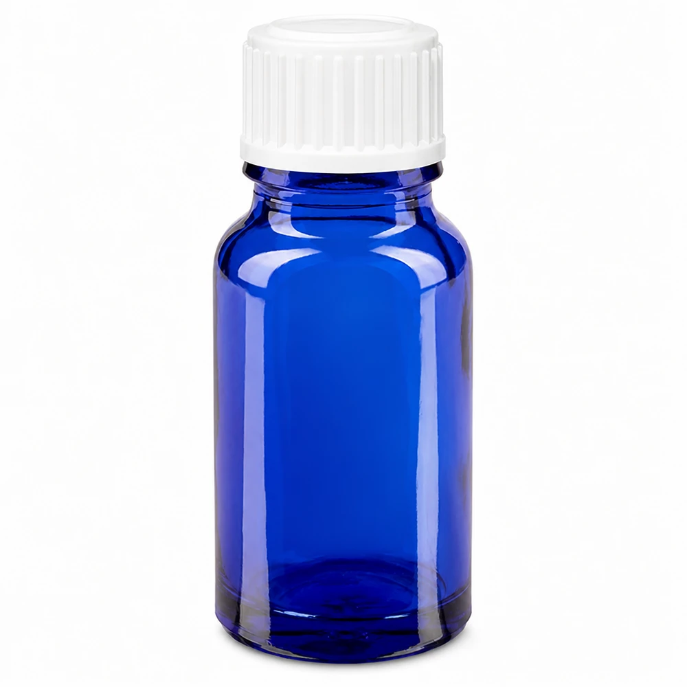Blauwe glazen flessen 10ml met wit sluiting UV-bescherming, apothekersglas, blauw, 10 ml, met witte schroefdop, 11 mm