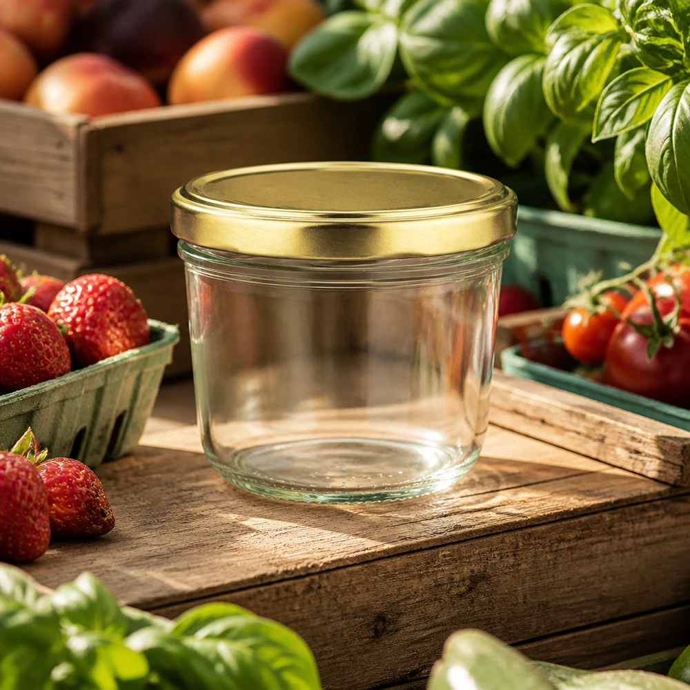 230ml bekers met BasicSeal deksel goud UNiTWIST 230 ml bekers met een gouden BasicSeal deksel op een rustieke houten plank omringd door verse aardbeien en tomaten