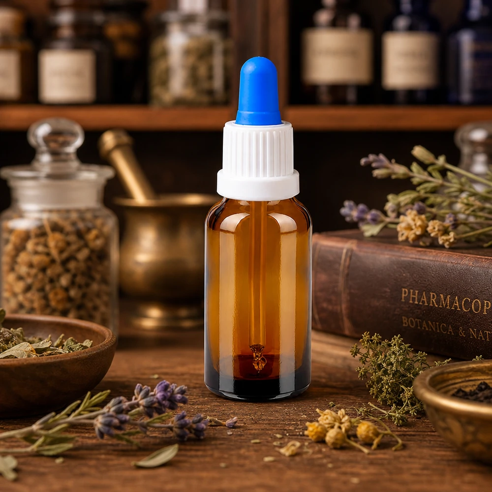 UV-bestendig amberkleurig glazen flesje 20ml met witte kinderveiligheidssluiting en blauwe pipet