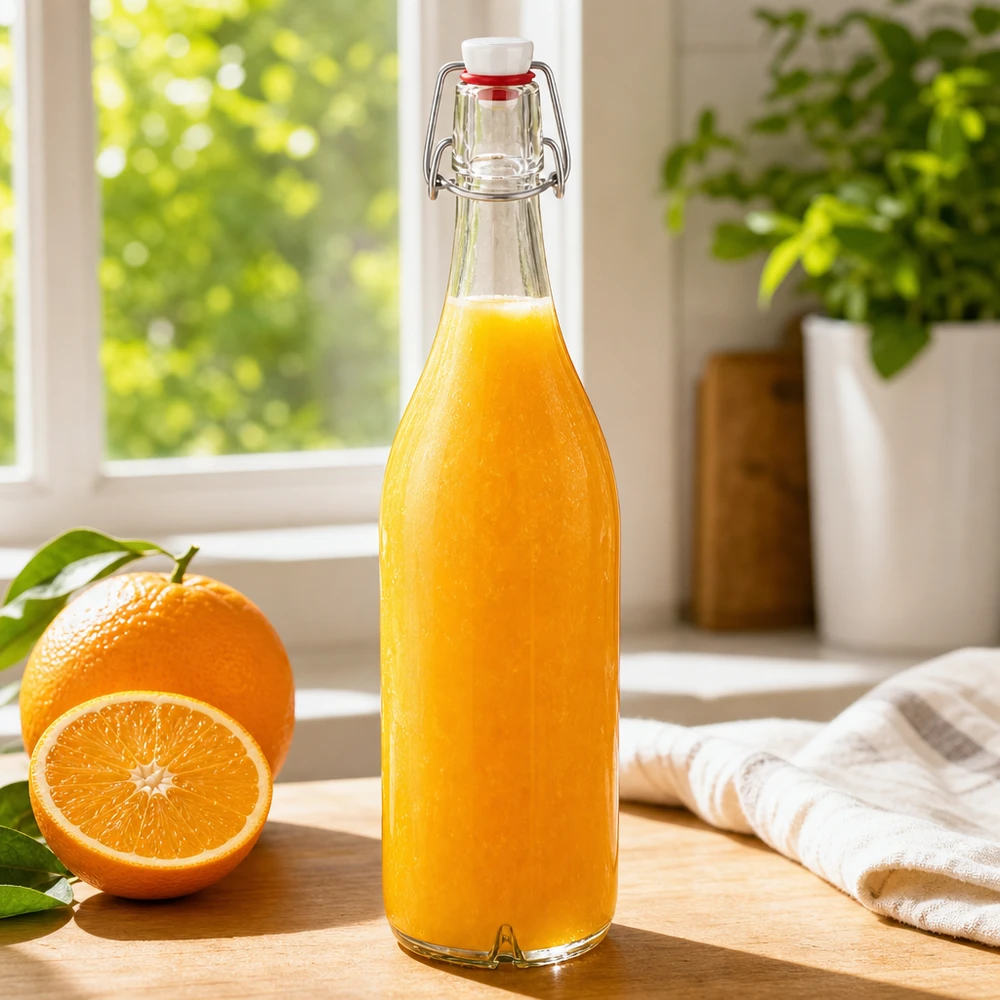 1000ml glazen fles PVC draaidop gevuld met vers sinaasappelsap naast sinaasappel op houten vensterbank