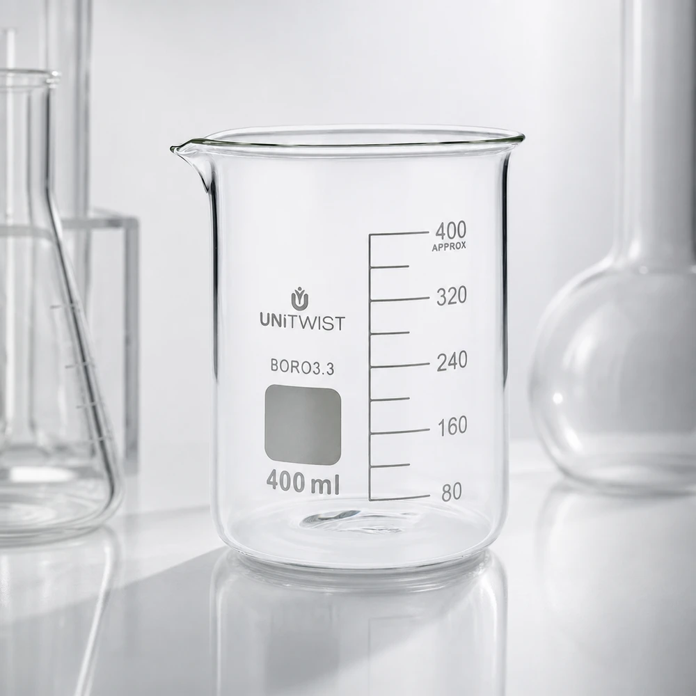 Bécher 400ml borosilicate, forme basse UNiTWIST UNiTWIST glazen beker van 400 ml, laag model, van helder borosilicaatglas met een witte achtergrond