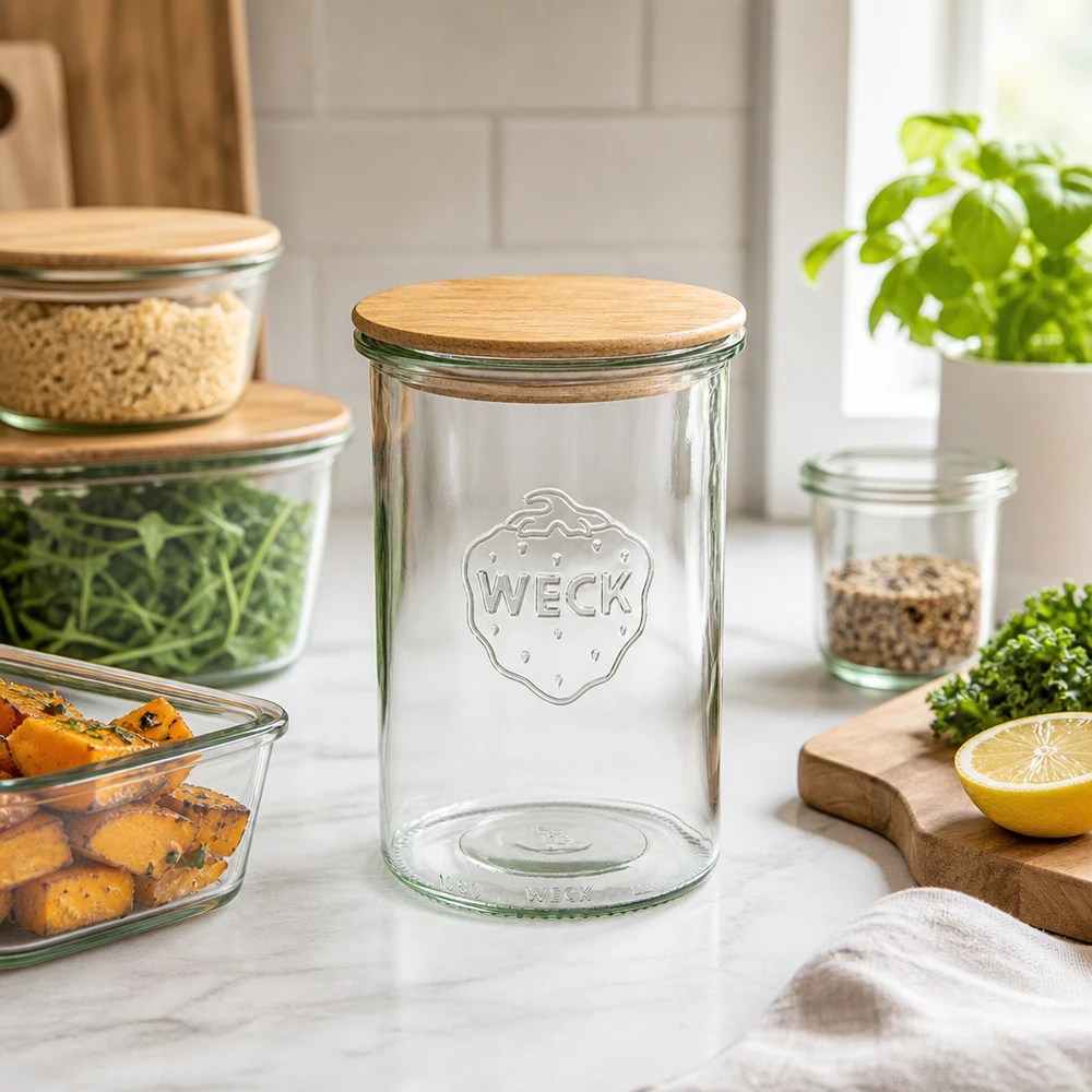 1000ml stortglas WECK RR100 met hout deksel WECK bekers 1000ml RR100 leeg met houten deksel in moderne keukenscène met groenten en andere voorraadpotten