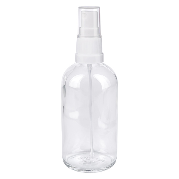 100ml sprayflacon wit/tr. STD ClearLine UT18/100 Spuitfles van 100 ml van helder glas met witte verstuiver, ClearLine-serie