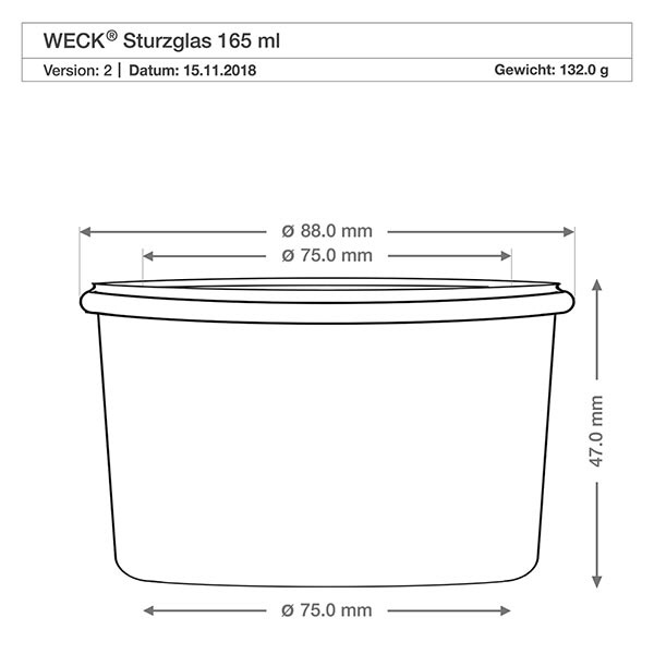 WECK RR80-pot van 165 ml Technische tekening 165ml WECK beker RR80 met afmetingen 88mm diameter 47mm hoogte 132g gewicht