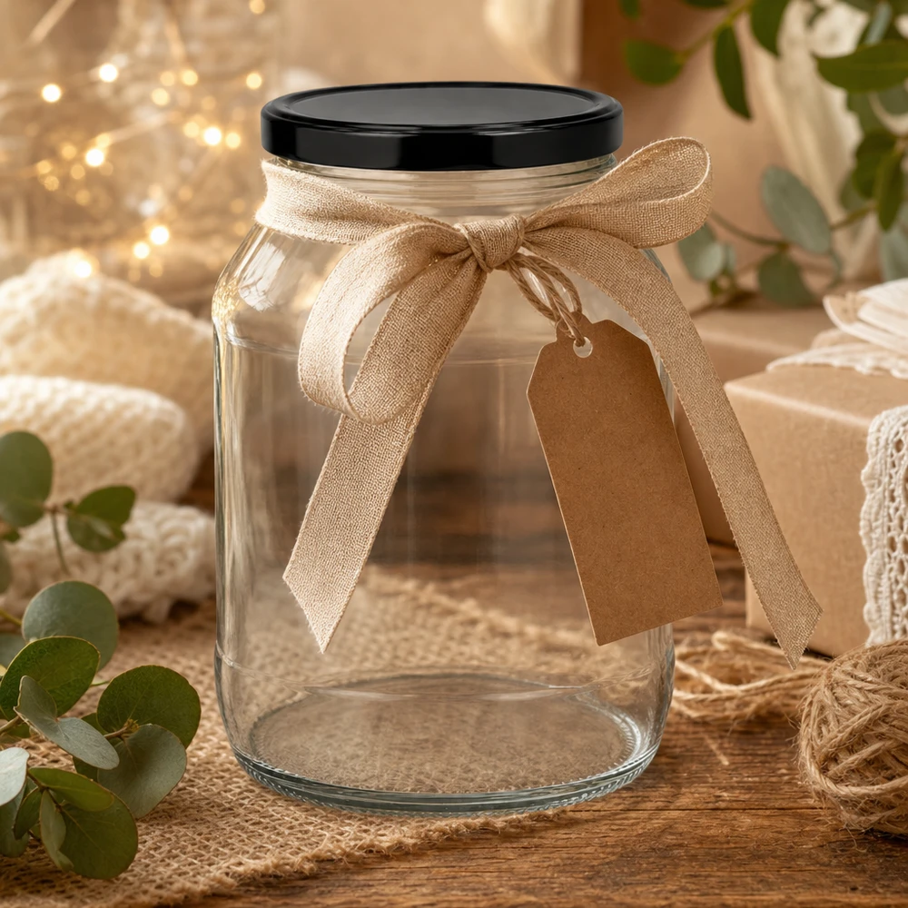 Grote ronde pot van 2650 ml met zwart deksel als cadeau versierd met een beige strik en hanger in een rustieke sfeer.